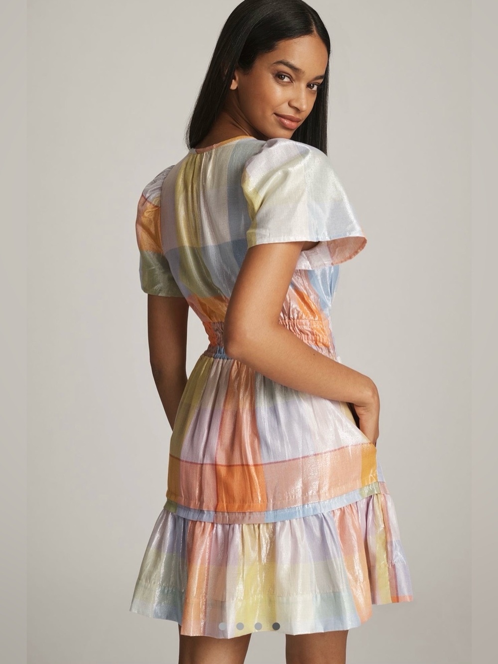 ANTHROPOLOGIE Multicolored Feminine Pastel Plaid Metallic Somerset Mini Dress 2X - Picture 7 of 11